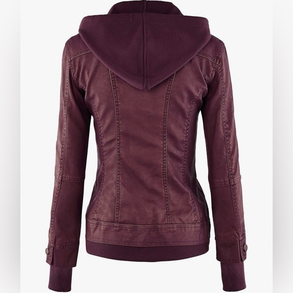 Faux Leather Jacket Women Motorcycle Coat for Biker with Removable Hood -wine - Picture 2 of 7